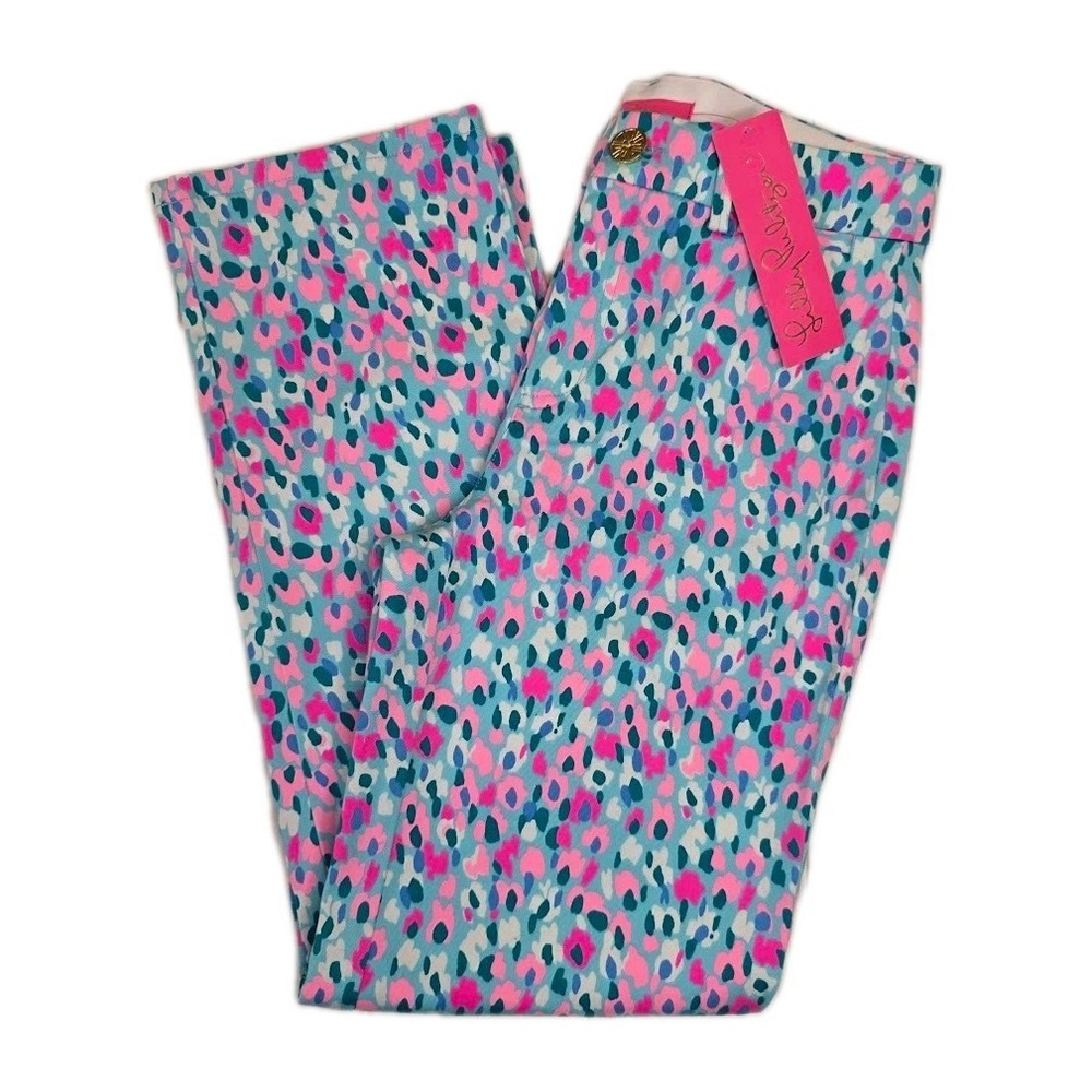 Lilly Pulitzer Size 0 Divia Stretch Pant Hottie Dotti‎ Teal Pink Print NWT
